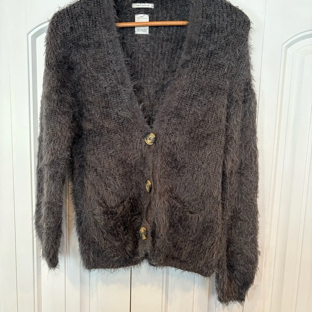 Zara Fancy Collection Gray‎ Fuzzy Button Up Cardigan Size 10